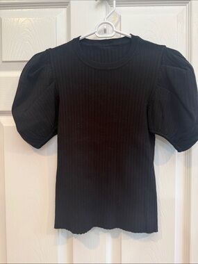 Zara Black Ribbed Puff Sleeve Short Sleeve Top